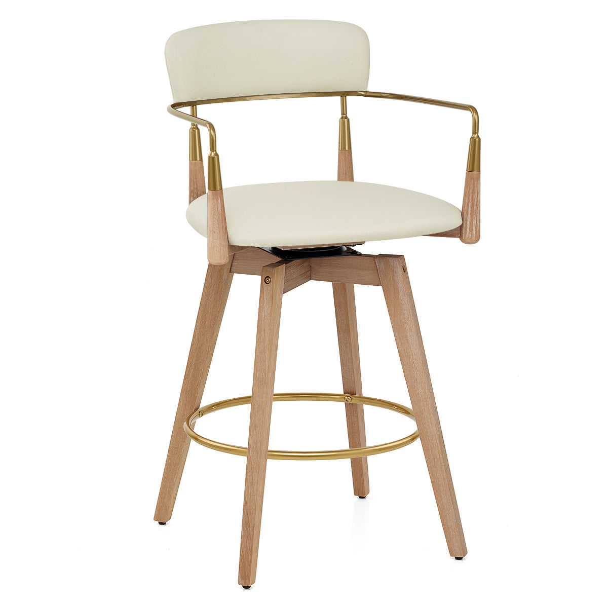 Taburete Cuero Auténtico Madera - Reed Crema