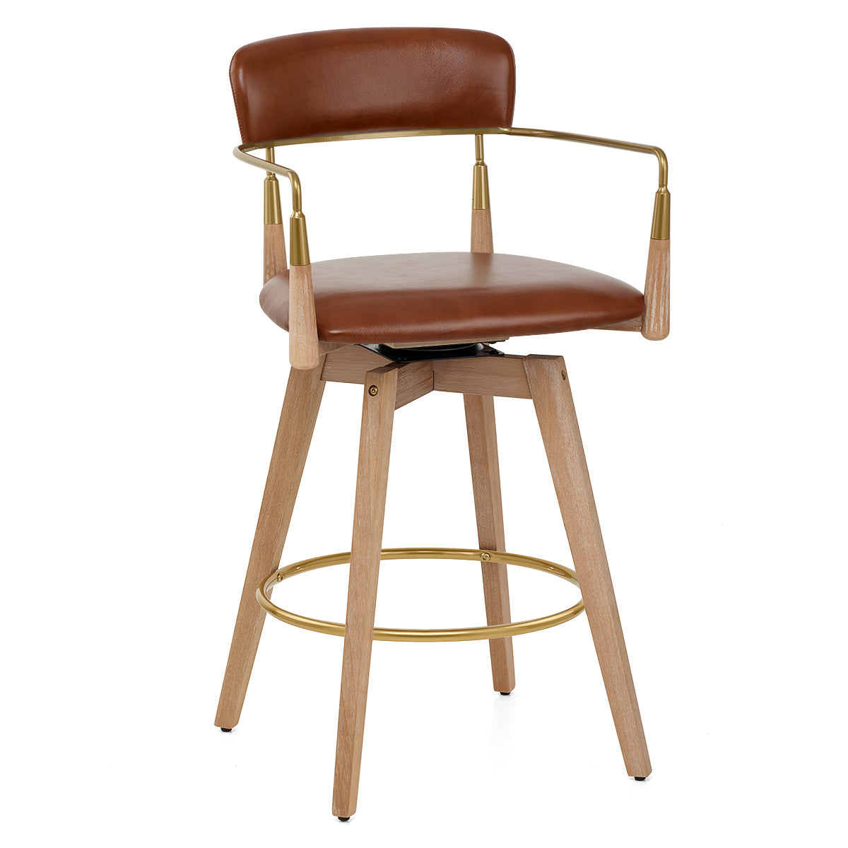 Taburete Cuero Auténtico Madera - Reed Marrón