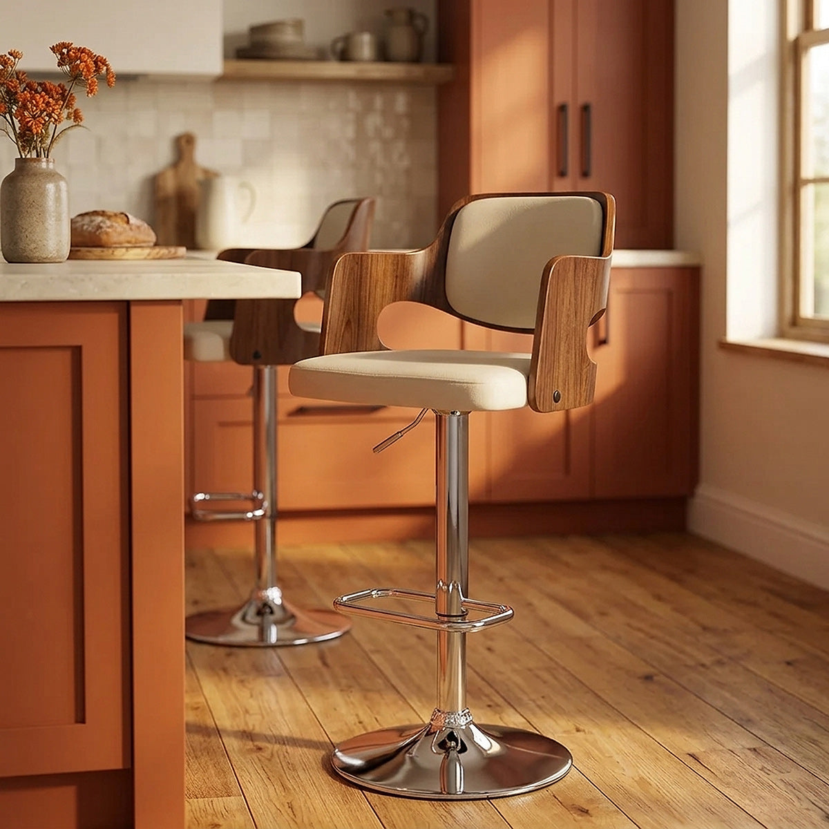 Taburete Madera Cromo - Amazona Crema