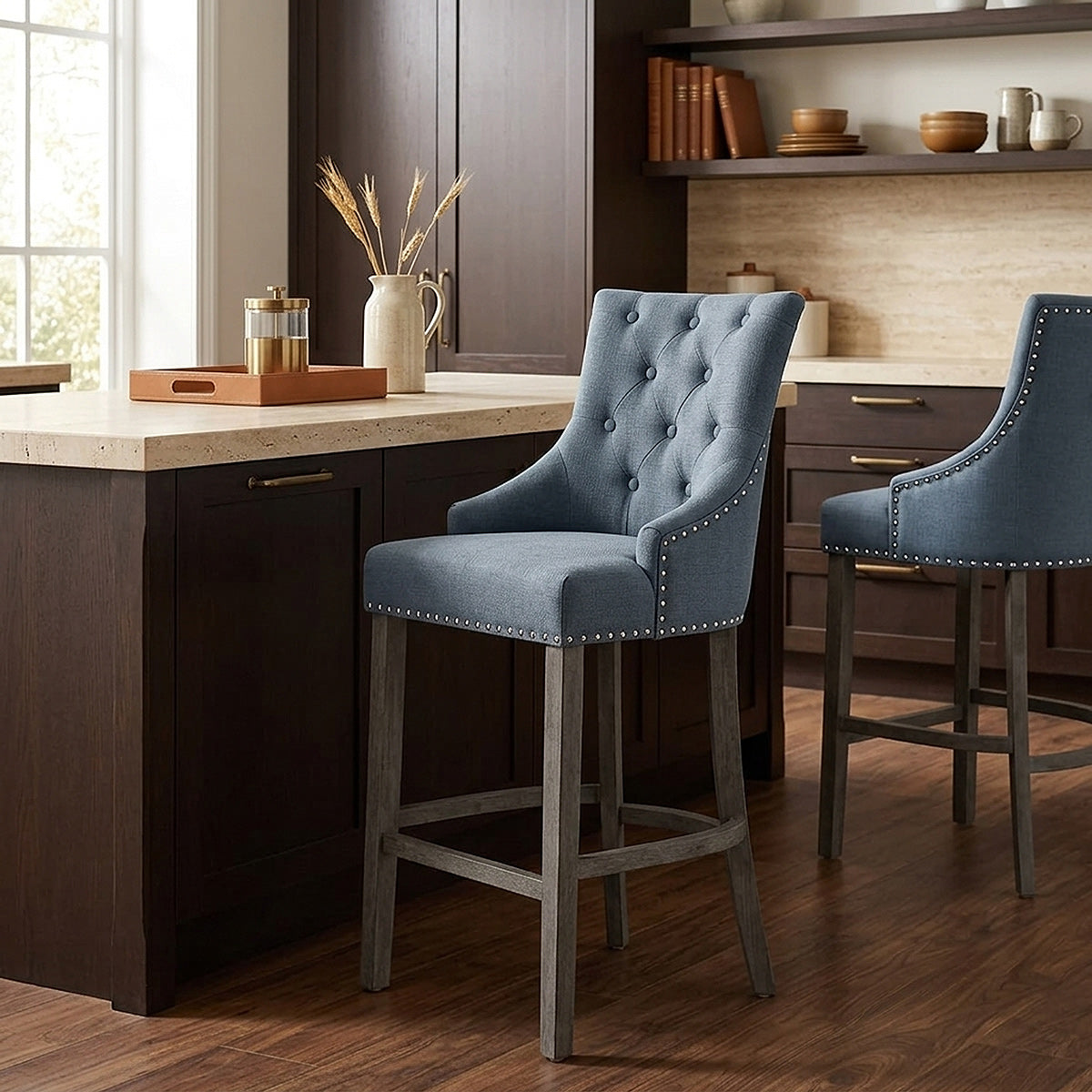 Taburete Tela Madera Gris - Ascot Azul