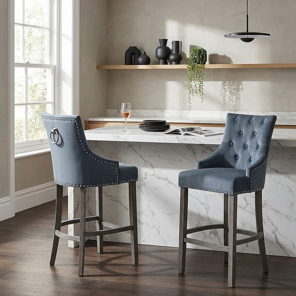 Taburete Tela Madera Gris - Ascot Azul