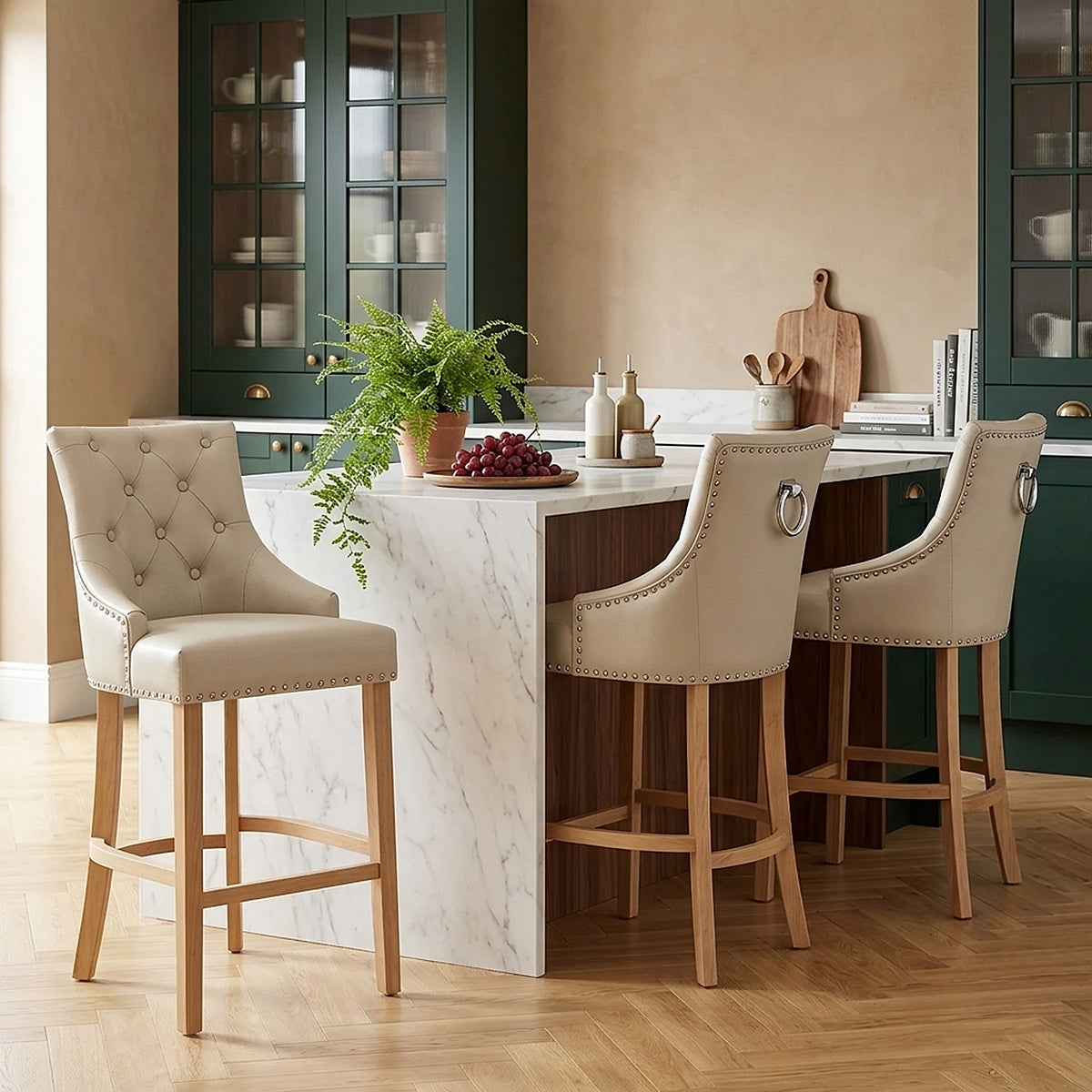 Taburete Cuero Regenerado Roble - Ascot Crema