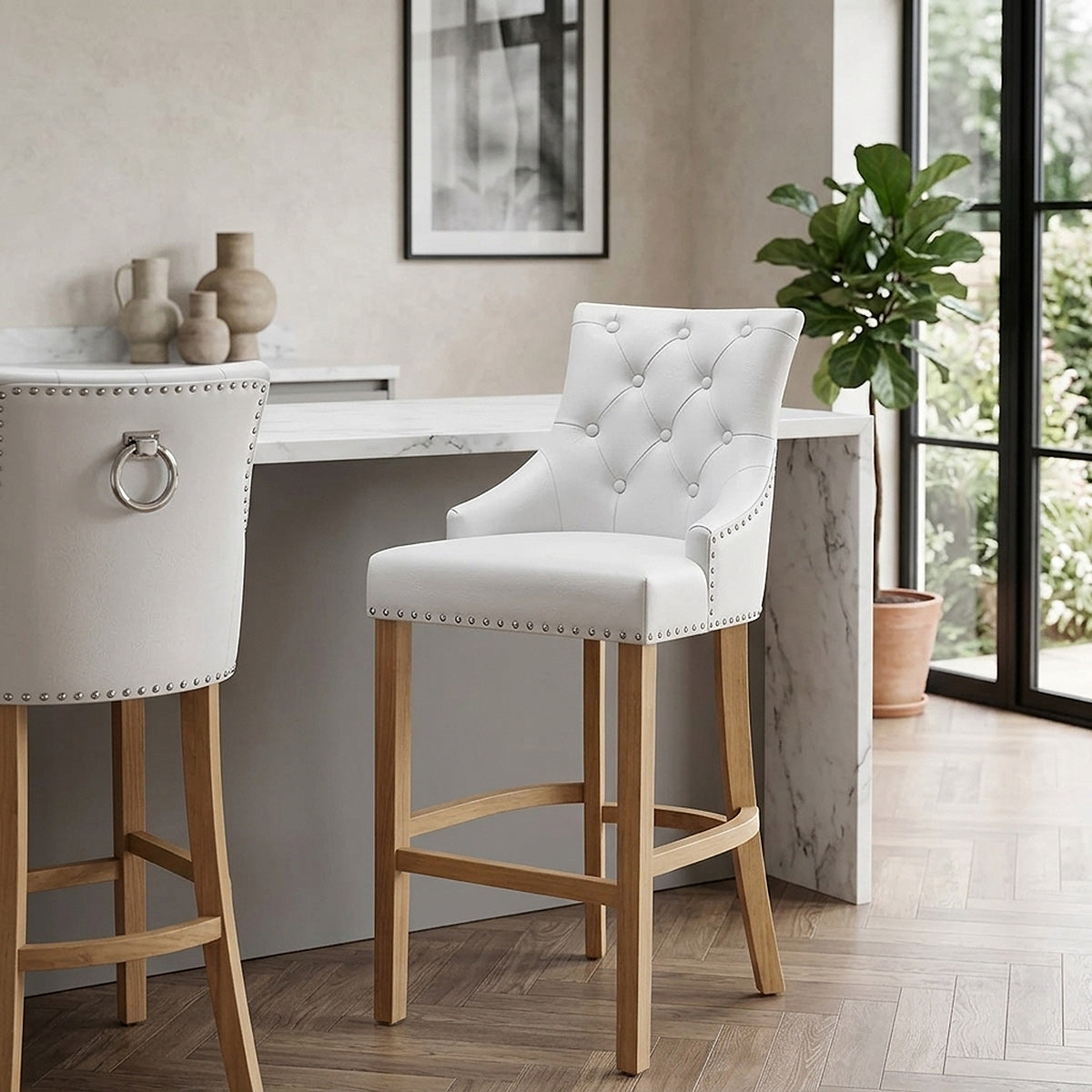 Taburete Cuero Regenerado Roble - Ascot Blanco