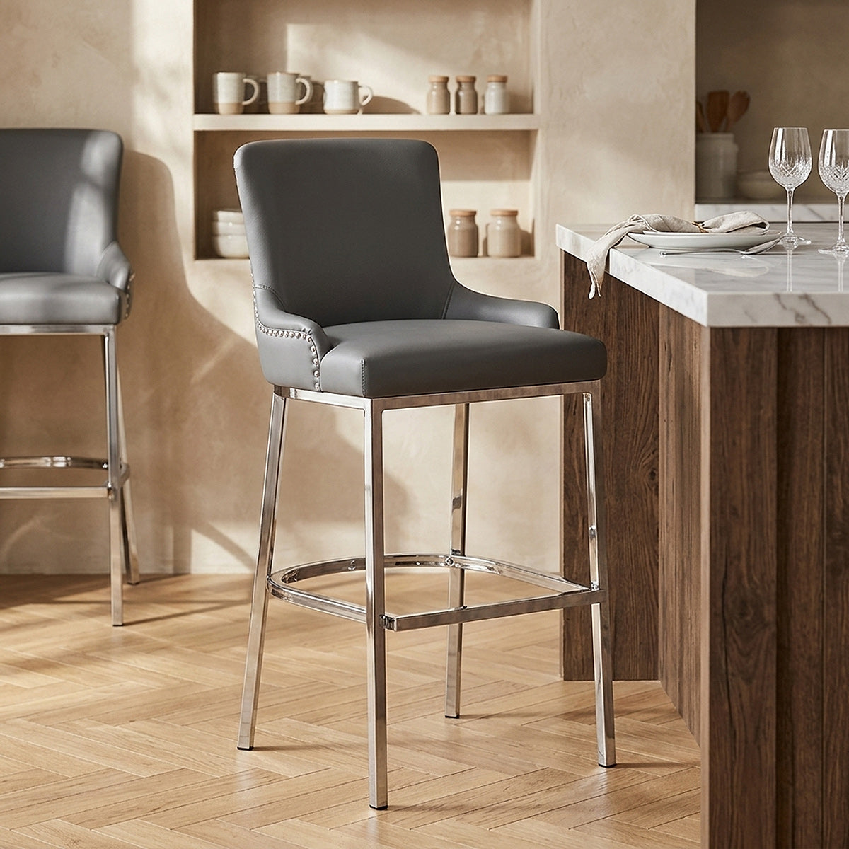 Taburete Polipiel Cromo - Bliss Gris