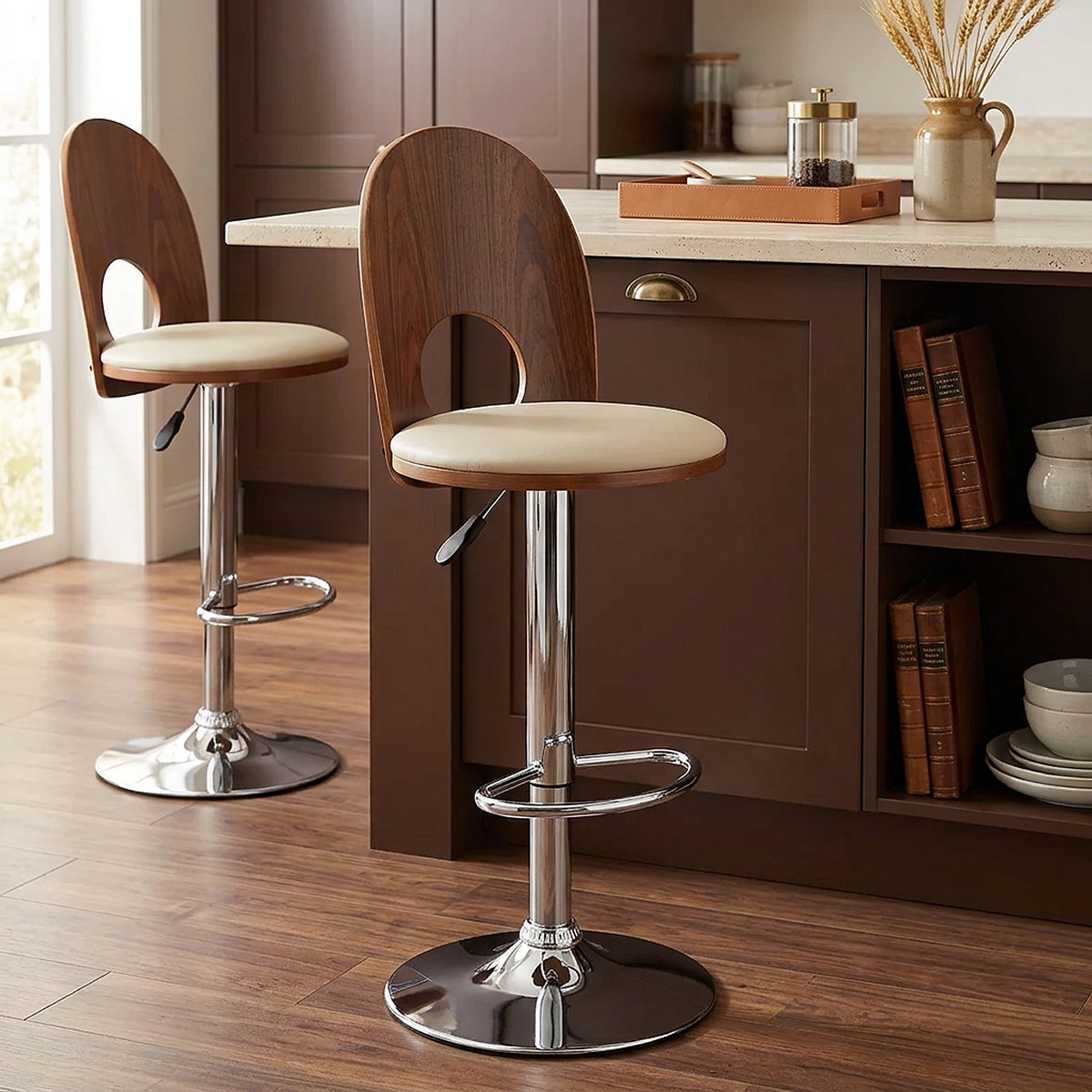 Taburete Madera Cromo - Bolero Crema