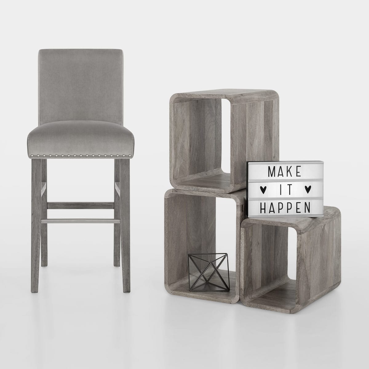 Taburete Madera Terciopelo - Brunswick Gris
