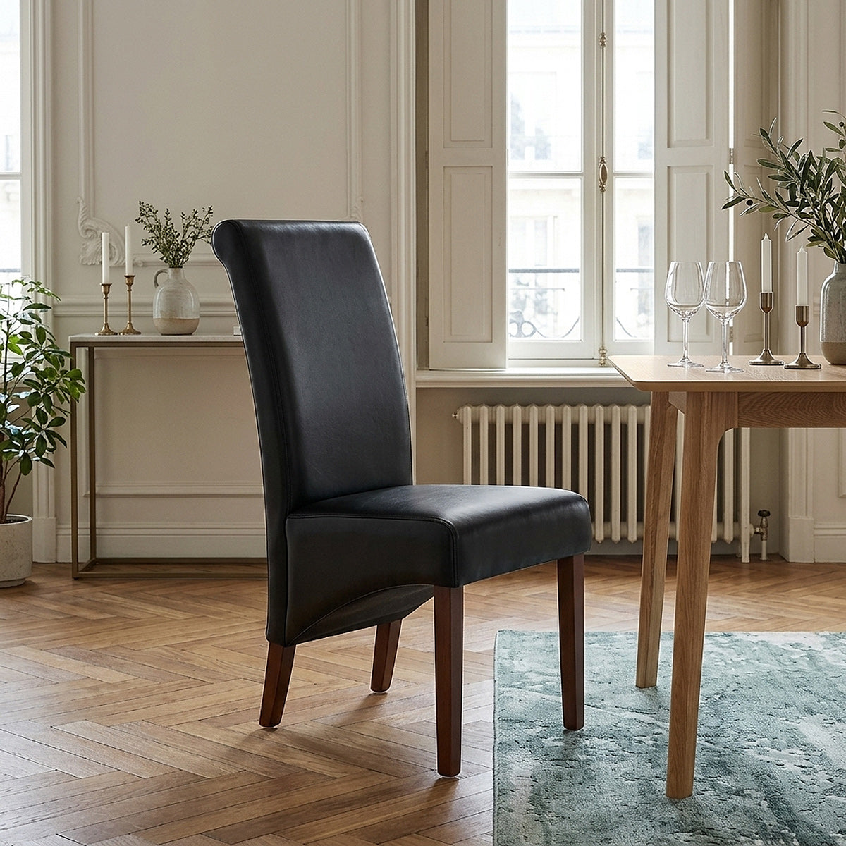 Silla Cuero Regenerado Madera - Carlo Nogal Negro