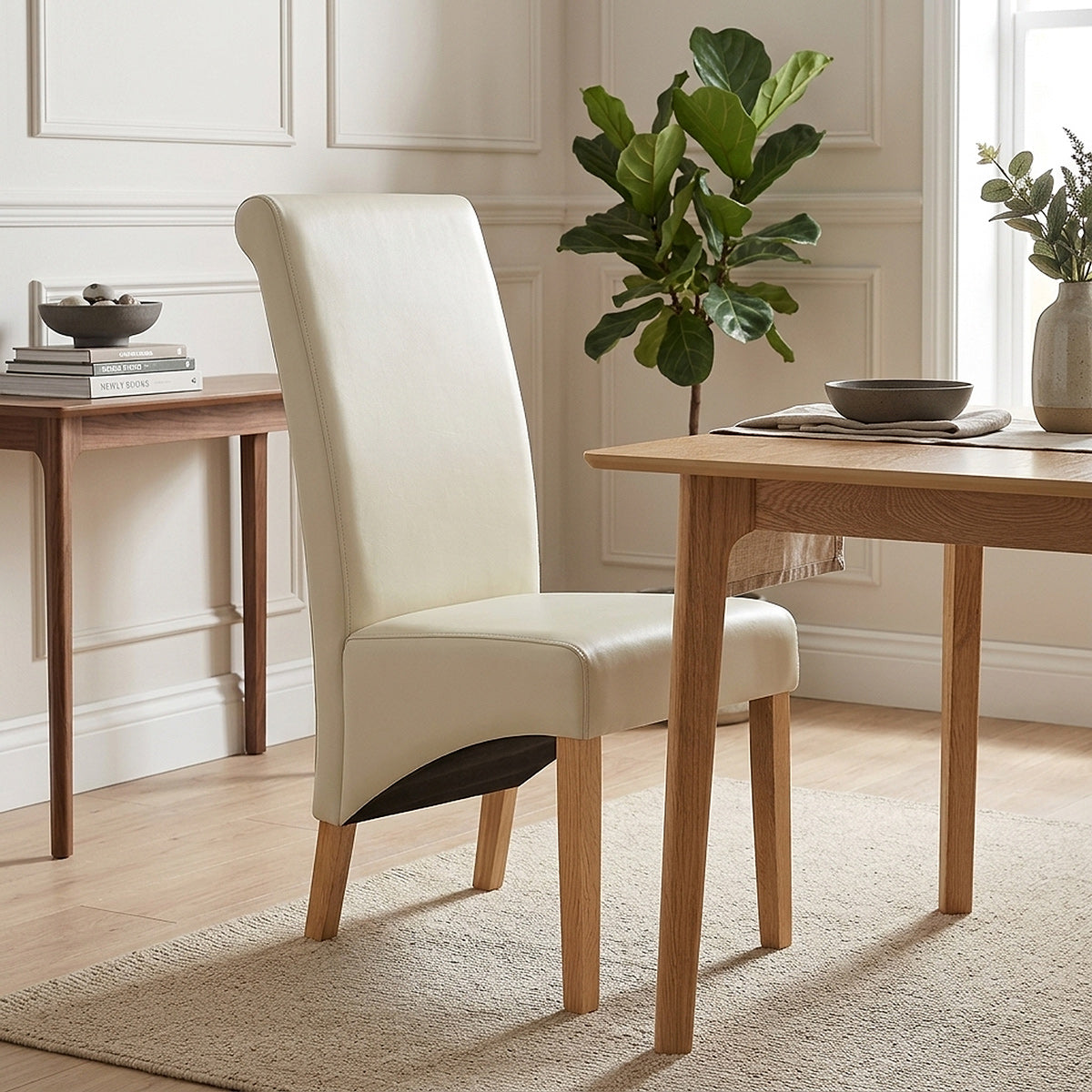 Silla Cuero Regenerado Madera - Carlo Roble Crema