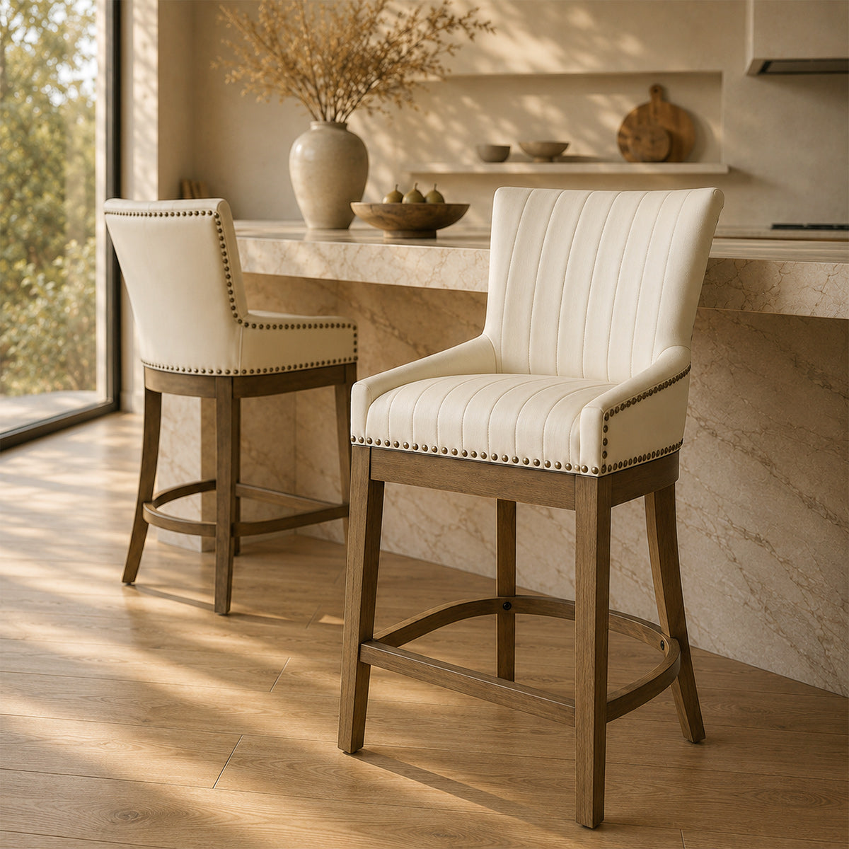 Taburete Cuero Auténtico Roble - Chiltern Crema