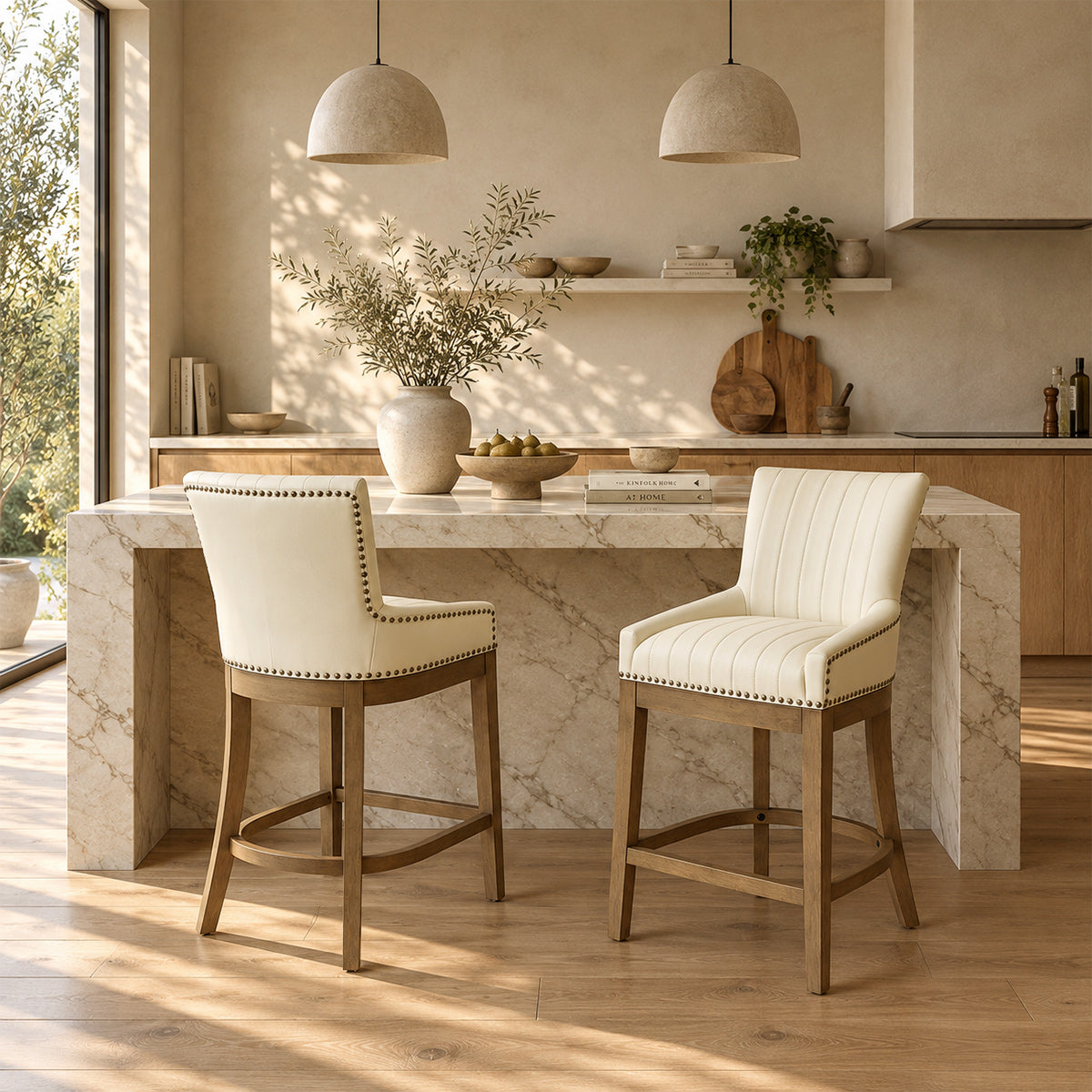 Taburete Cuero Auténtico Roble - Chiltern Crema