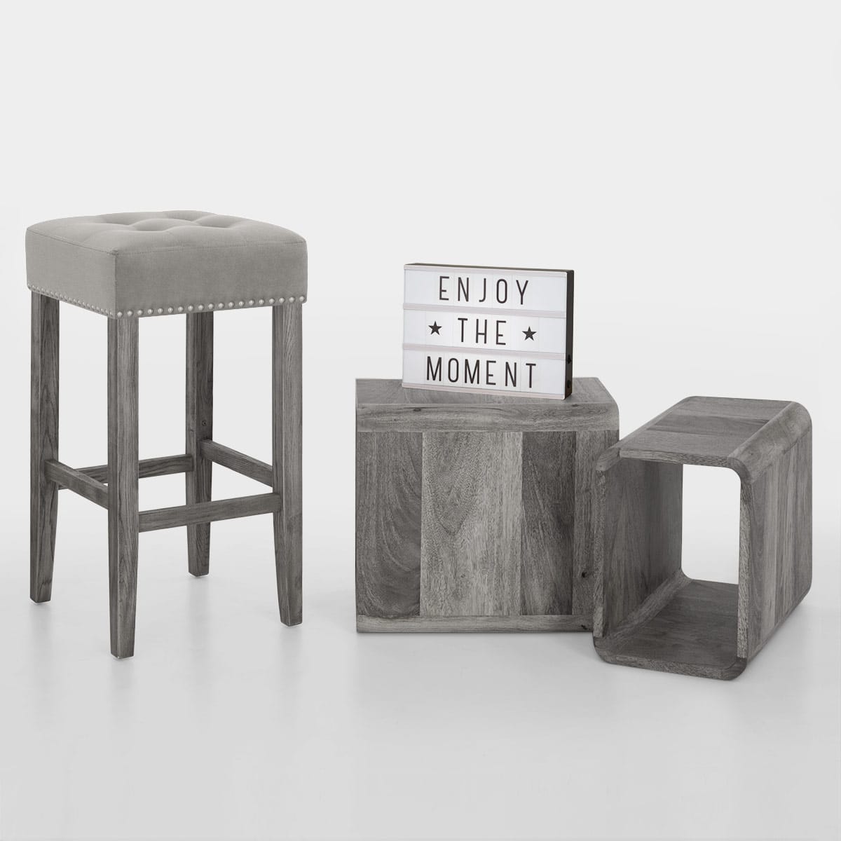 Banqueta Terciopelo Madera - Dove Gris