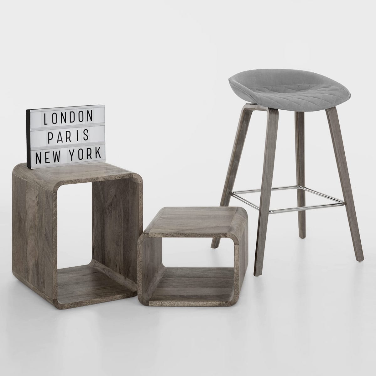 Taburete Terciopelo Madera - Epic Gris