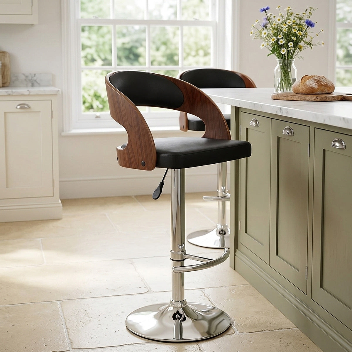 Taburete Madera Nogal Cromo - Eva Negro