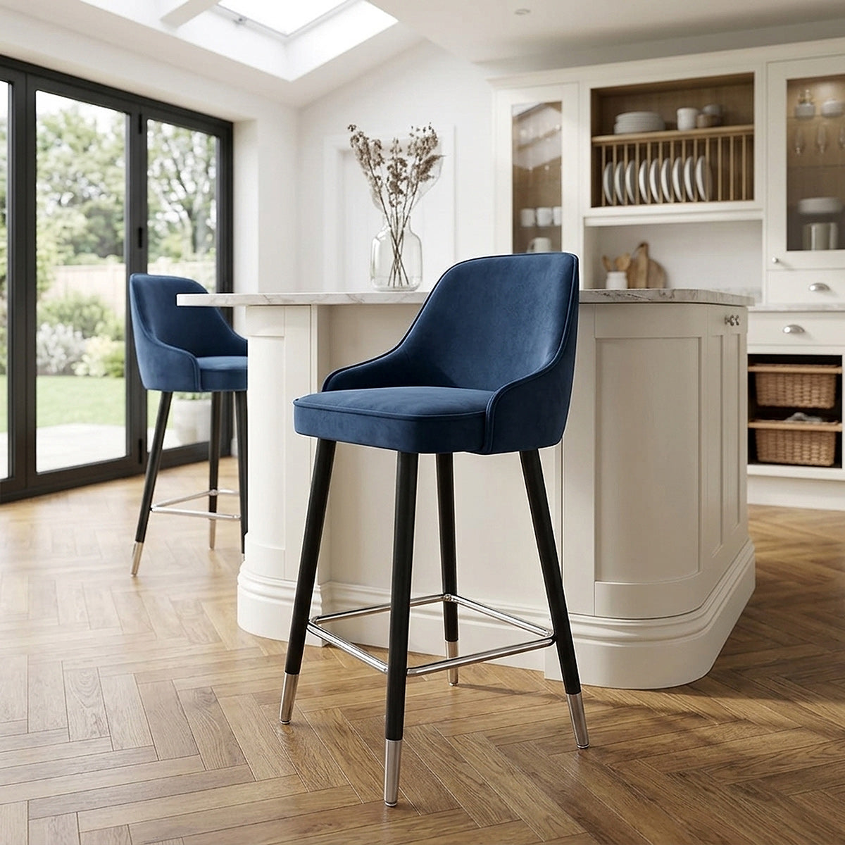 Taburete Terciopelo Madera - Glam Azul