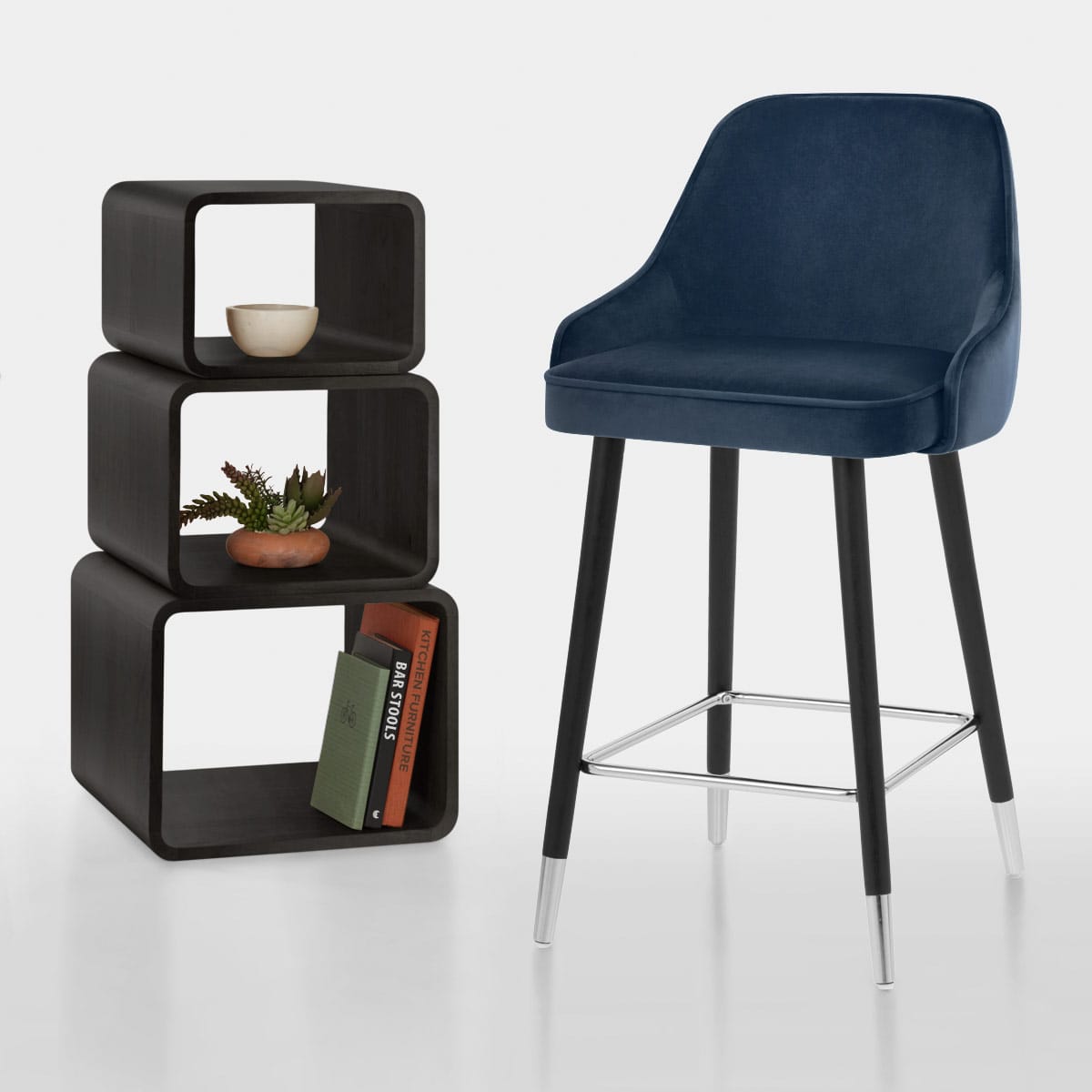 Taburete Terciopelo Madera - Glam Azul