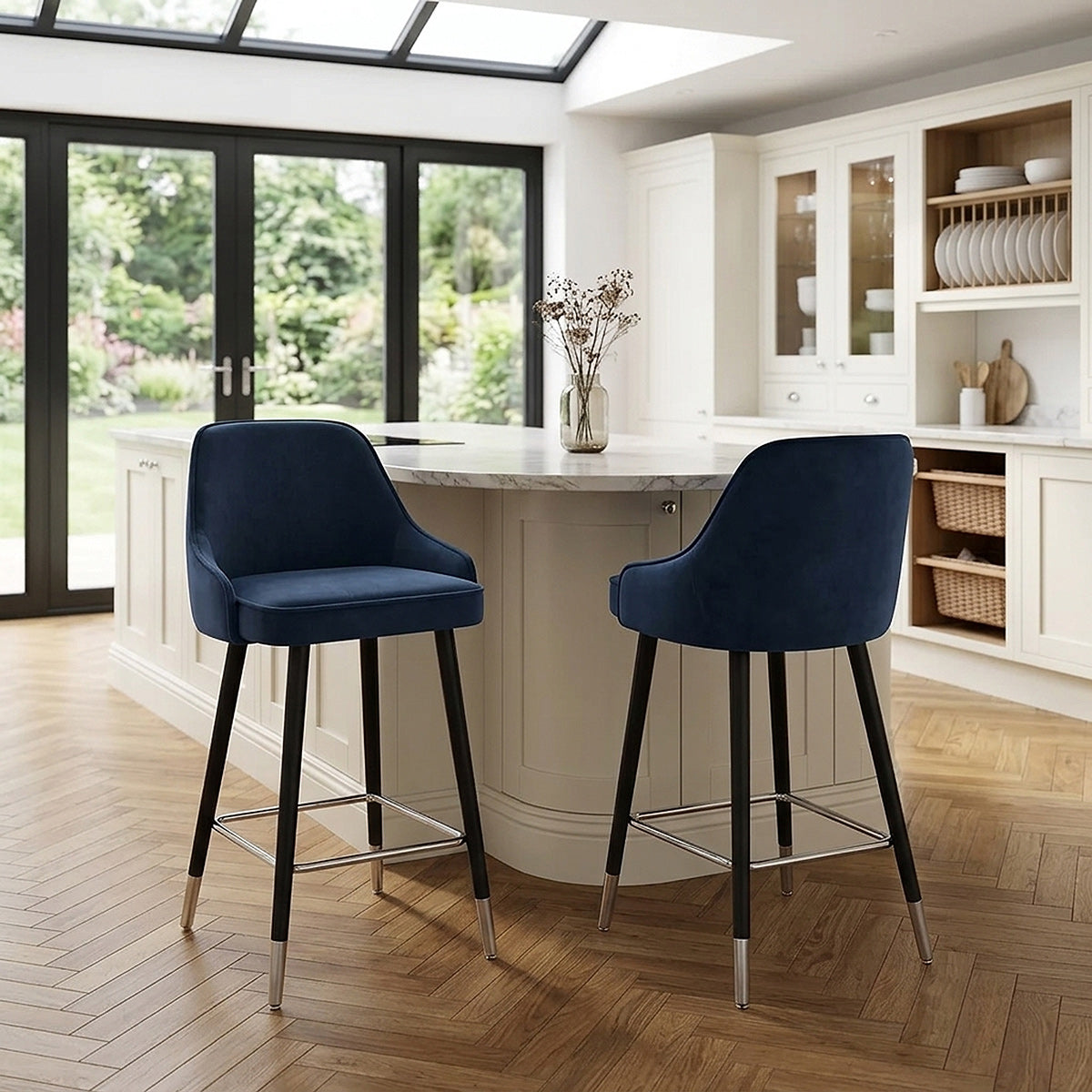 Taburete Terciopelo Madera - Glam Azul