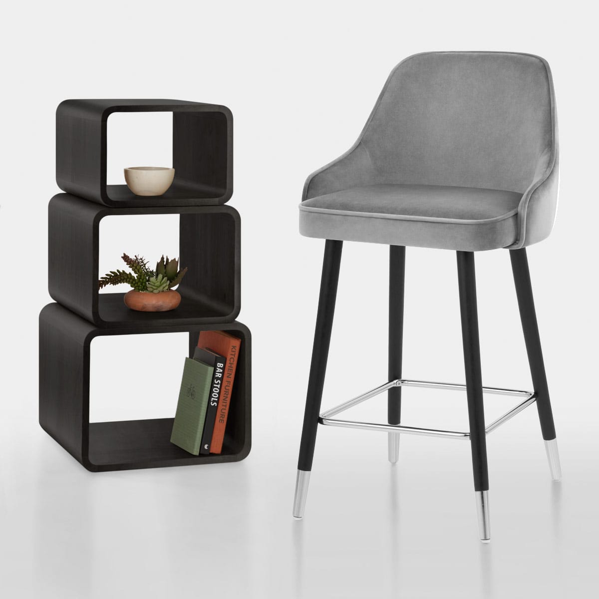 Taburete Terciopelo Madera - Glam Gris