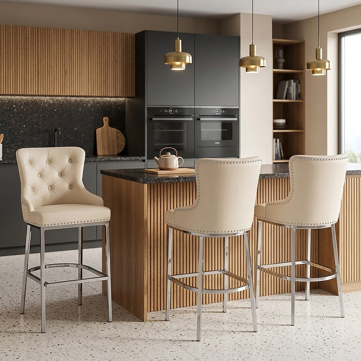 Taburete Polipiel Cromo - Grange Crema
