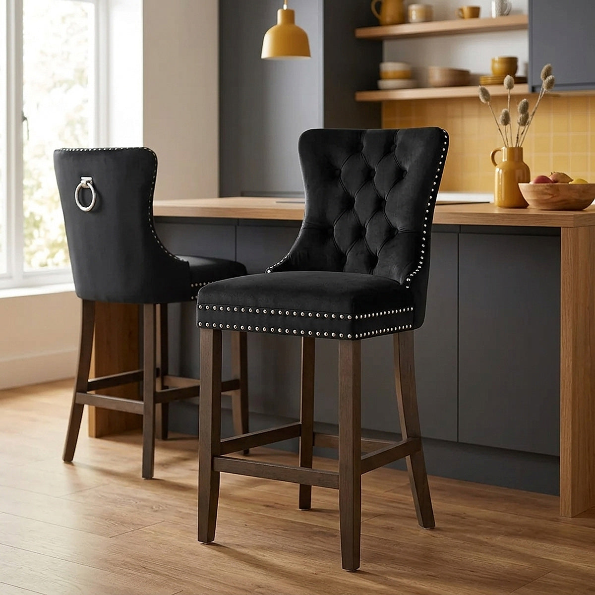 Taburete Terciopelo Madera - Kensington Negro