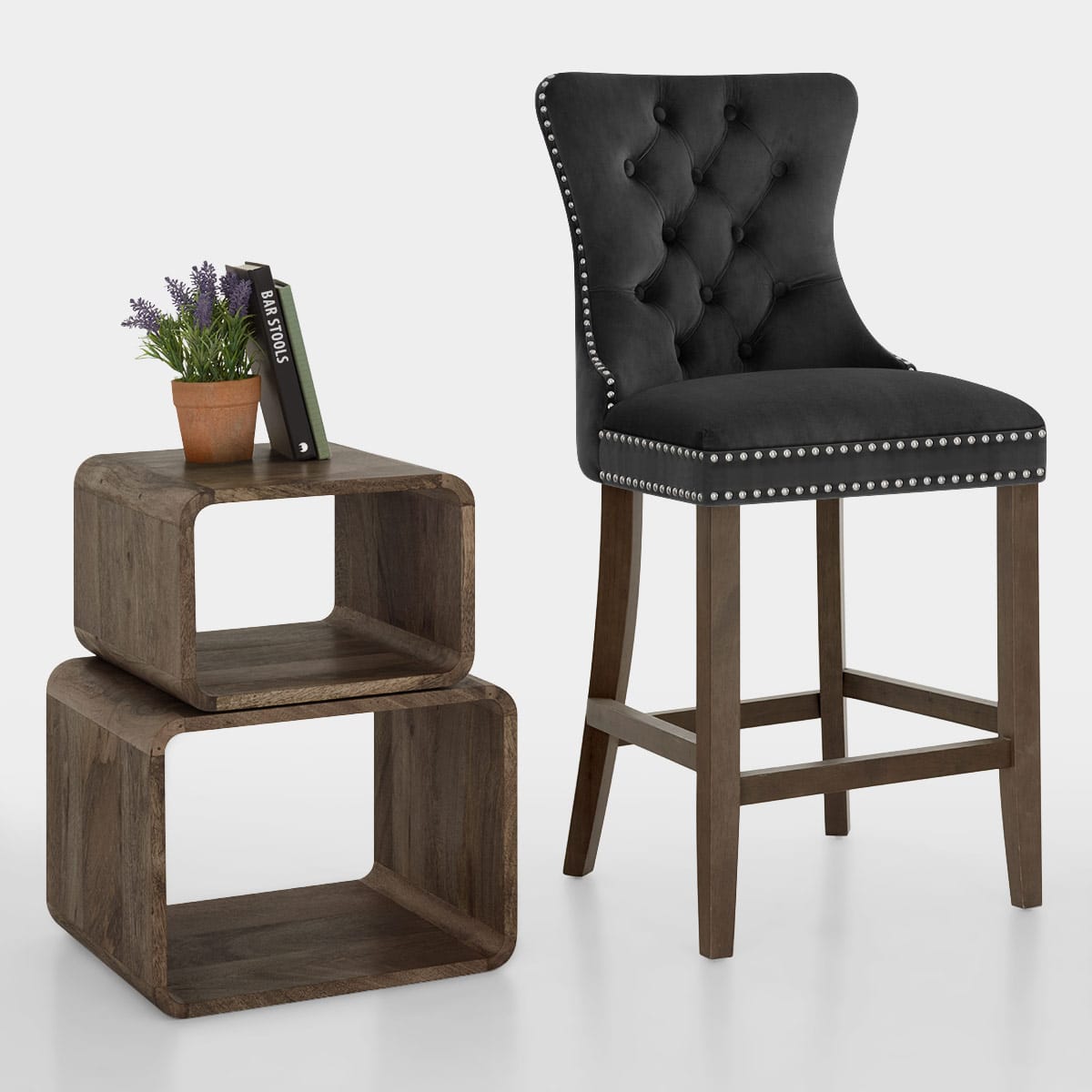 Taburete Terciopelo Madera - Kensington Negro