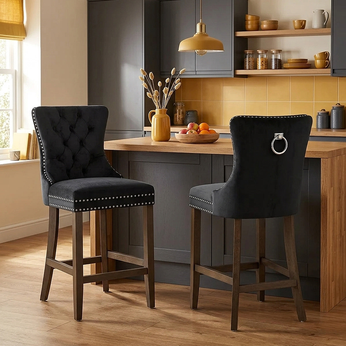 Taburete Terciopelo Madera - Kensington Negro