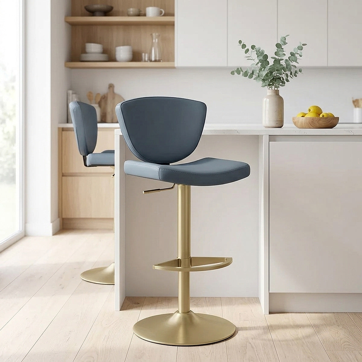 Taburete Cuero Auténtico Dorado - Pearl Azul