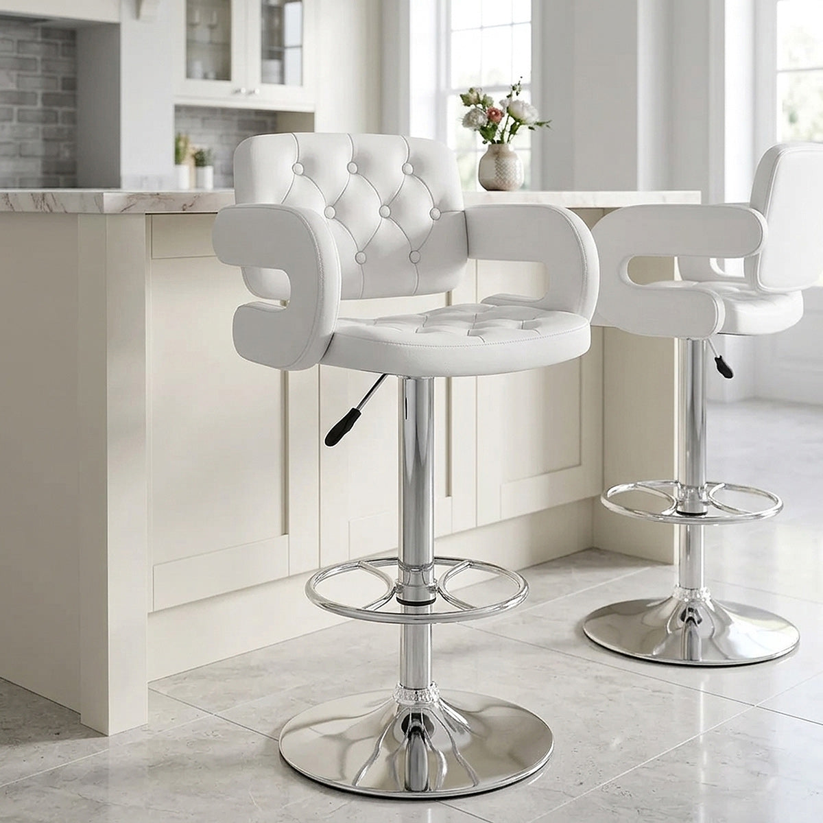 Taburete Polipiel Cromo - Polaris Blanco