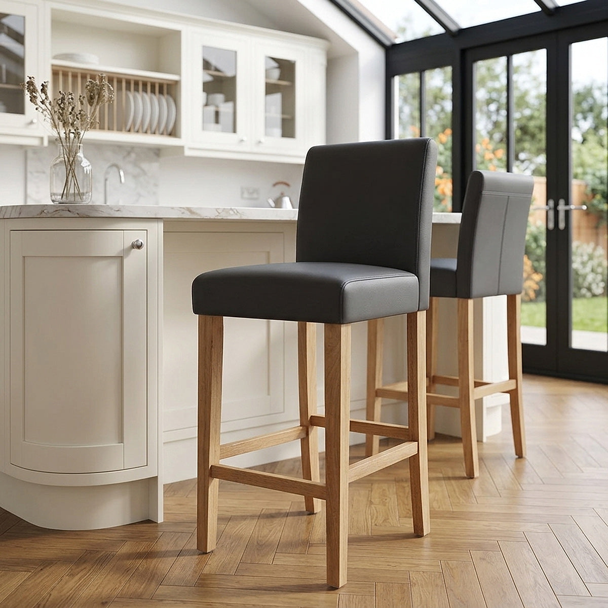 Taburete Cuero Regenerado Madera - Tetbury Negro