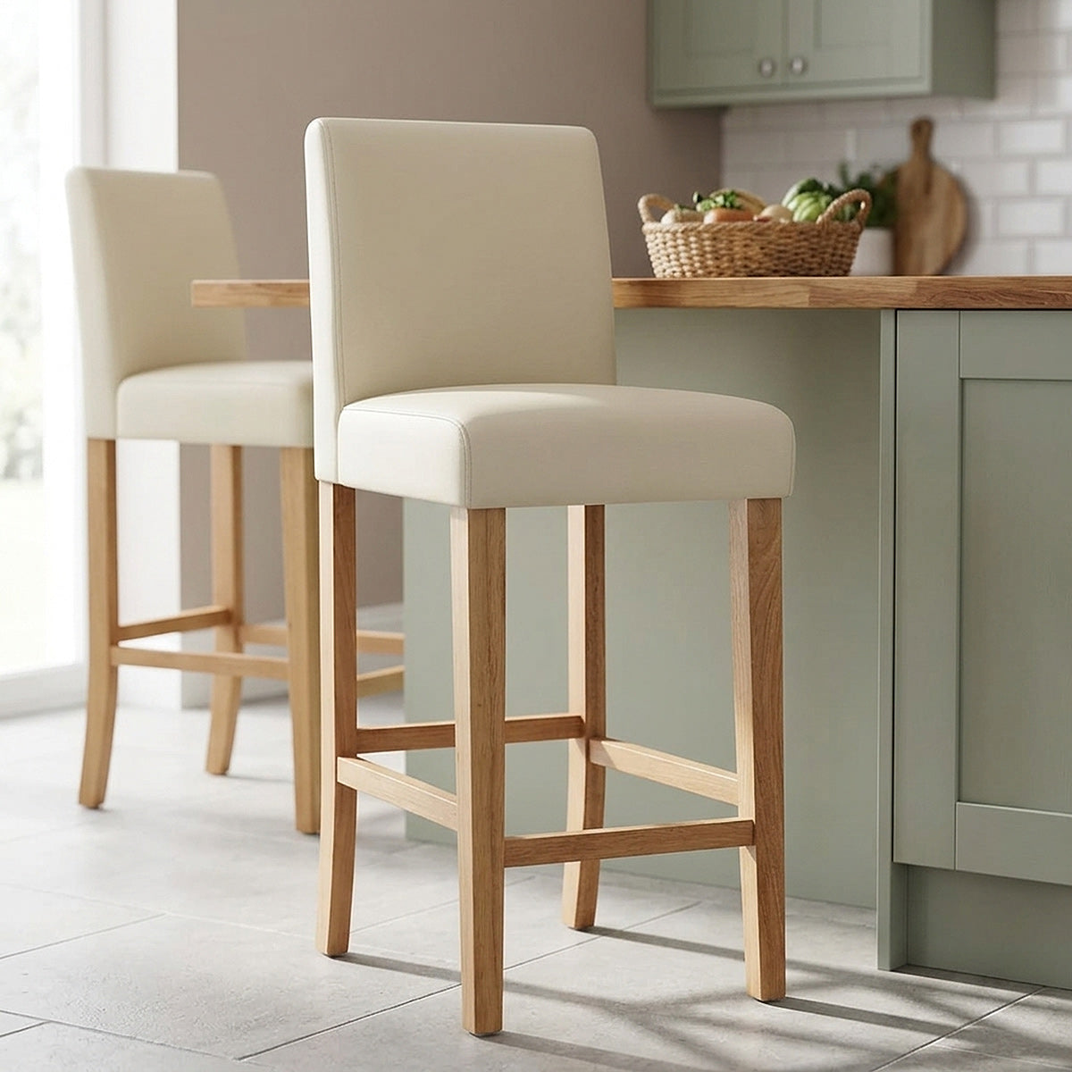 Taburete Cuero Regenerado Madera - Tetbury Crema