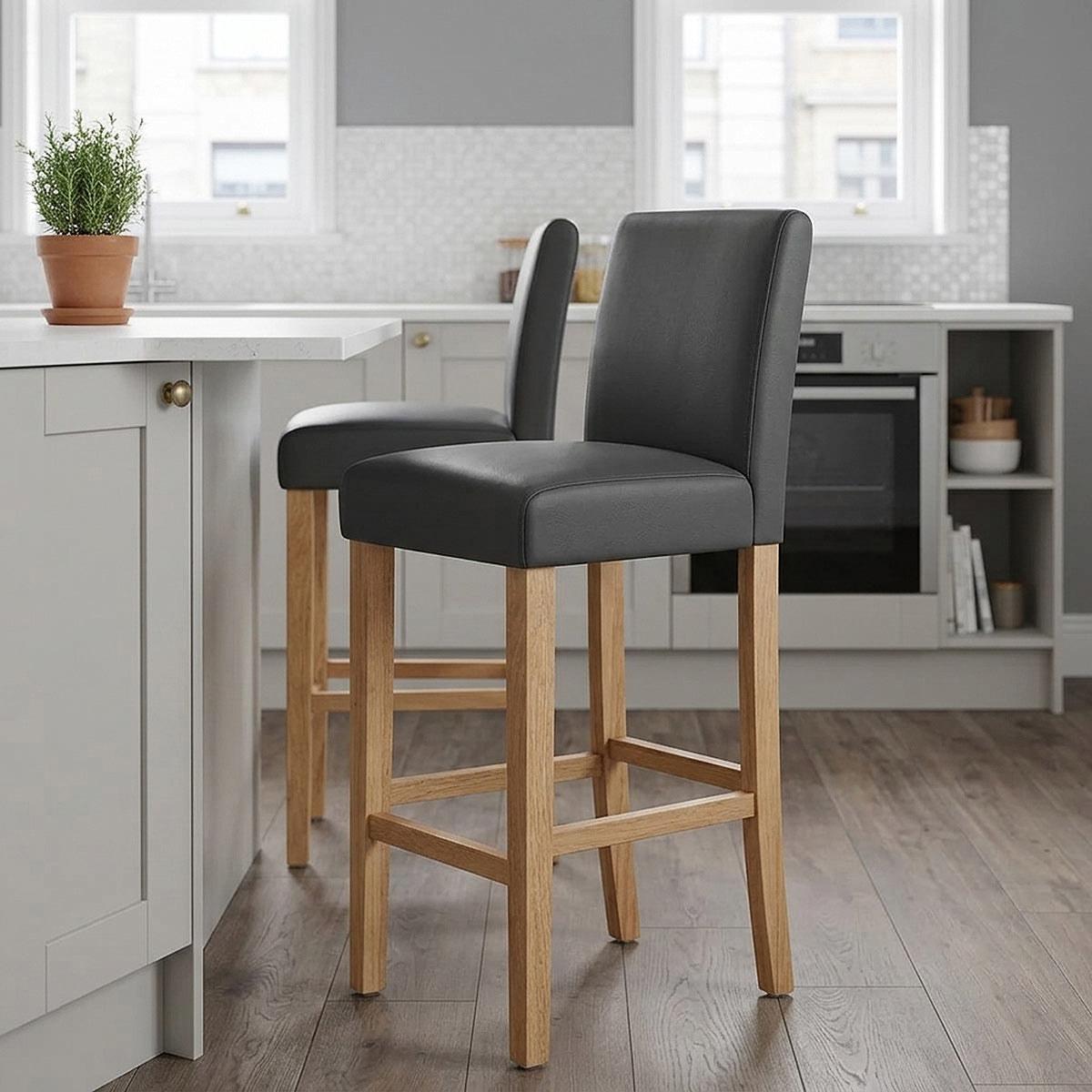 Taburete Cuero Regenerado Madera - Tetbury Gris